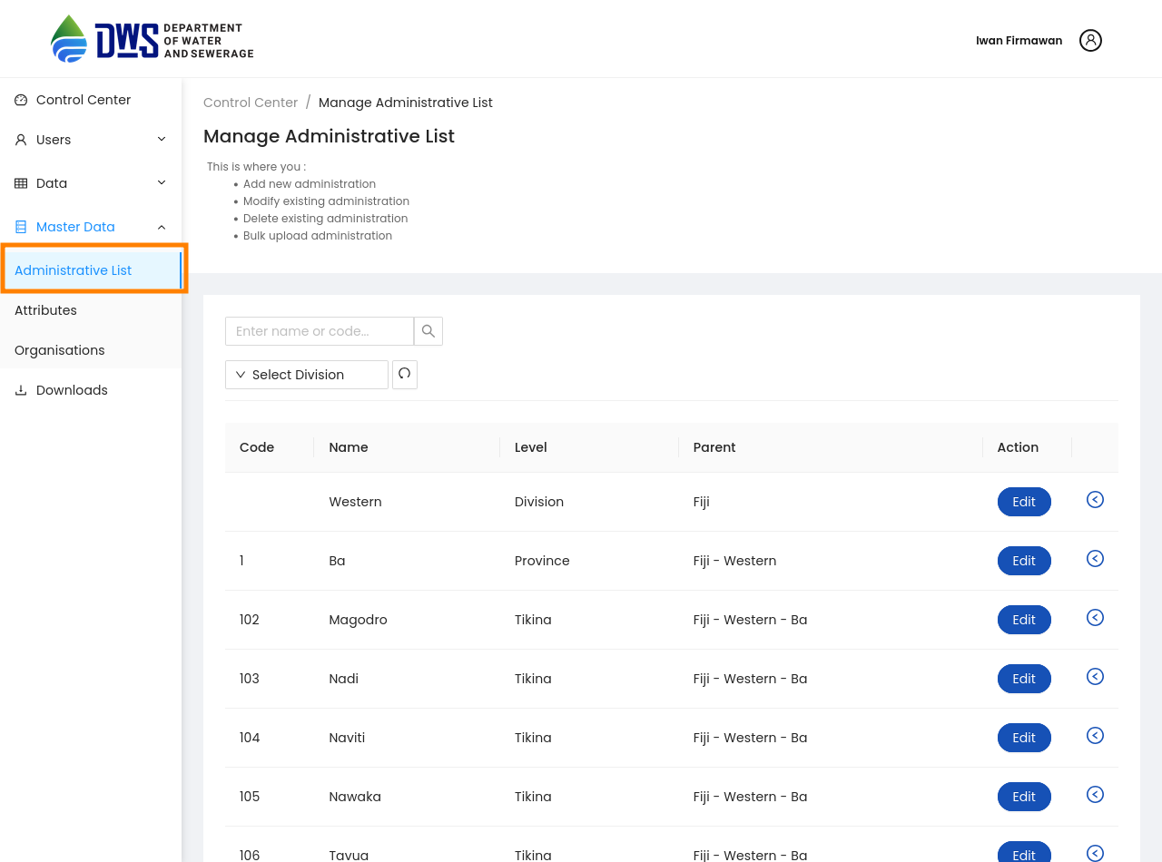 Administrative List — Akvo MIS documentation